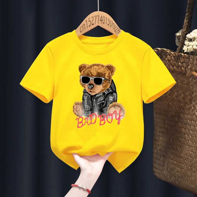 Funny Bear Bad Boy Print Red Kid T-shirts Children Baby Black Harajuku Kawaii Clothes Boy Girl Tops Gift Present ,Drop Ship