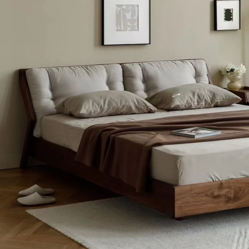 Nordic all solid wood double bed, modern simple black walnut 1.8 meters master bedroom double bed, backrest soft bag bed