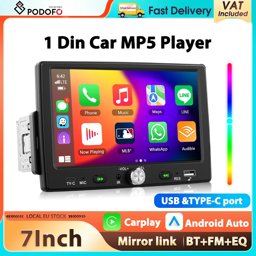Podofo 7-calowy uniwersalny radioodtwarzacz samochodowy HD z ekranem dotykowym, Carplay, Android Auto, 1Din, odtwarzacz MP5, Bluetooth, FM, EQ, Mirror Link, USB i TYPE-C, odtwarzacz multimedialny