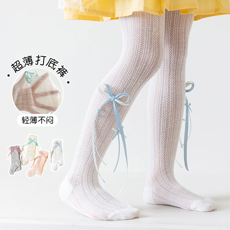 Sweet Children Summer Sheer Two Color Long Fringe Bow Anti-Mosquito Pantyhose High Elastic Comfortable Lightweight Footed Tights