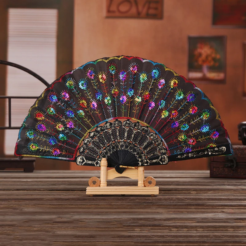 Folding Hand Fan Plastic Gold Powder Craft Fan White Wedding Party Chinese Style Dance Cloth Folding Fan Handheld