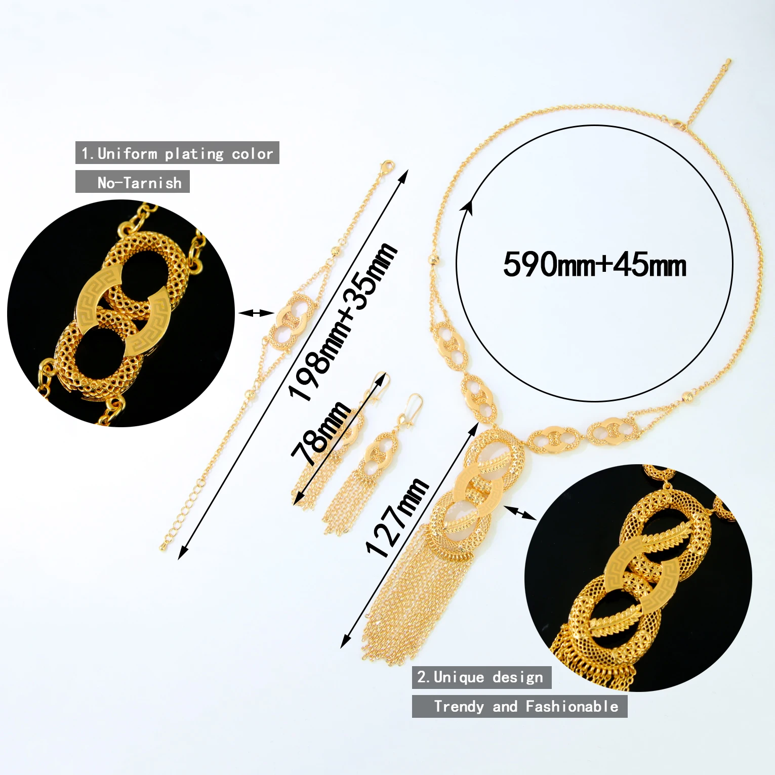 Äthiopisches Brautschmuck-Set 24k Vergoldet Algerische Quasten-Halskette Armband Ohrringe Arabischer Vintage Abaya-Schmuck – Detail 9