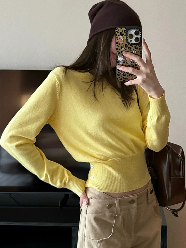 

Slim Fit round Ne Long Sve Knitted Sweater Women's Ele Sle Waist-Cinching ort Length Overhead Spring New Design