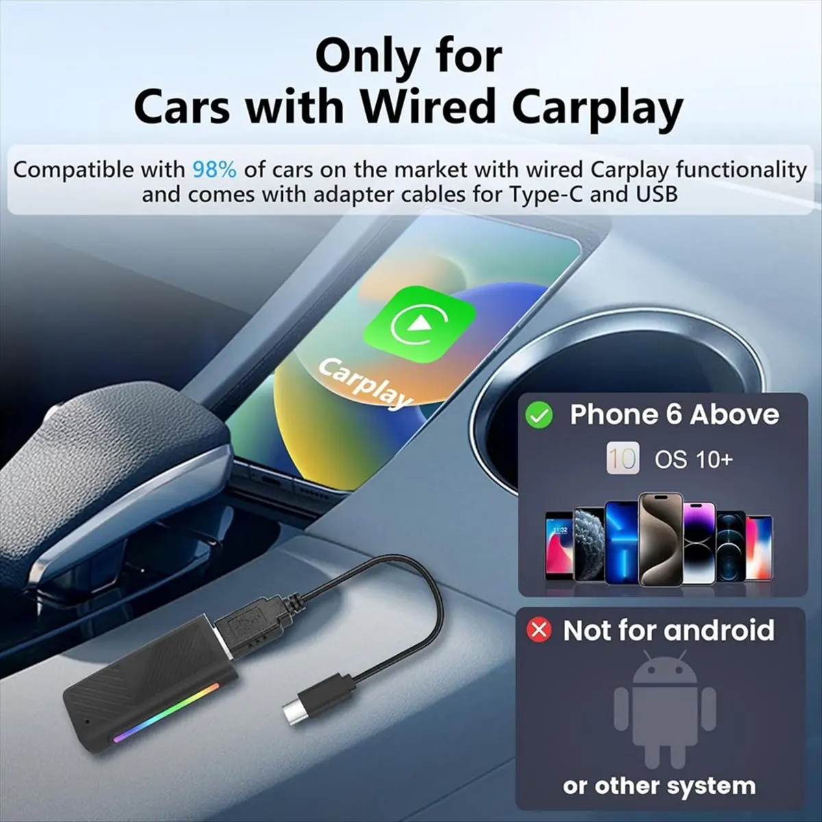 A77K Wireless Carplay Adapter,Wired to Wireless CarPlay Dongle Plug & Play Auto Connect Bluetooth 5.0 WiFi 7 Colour Backlight