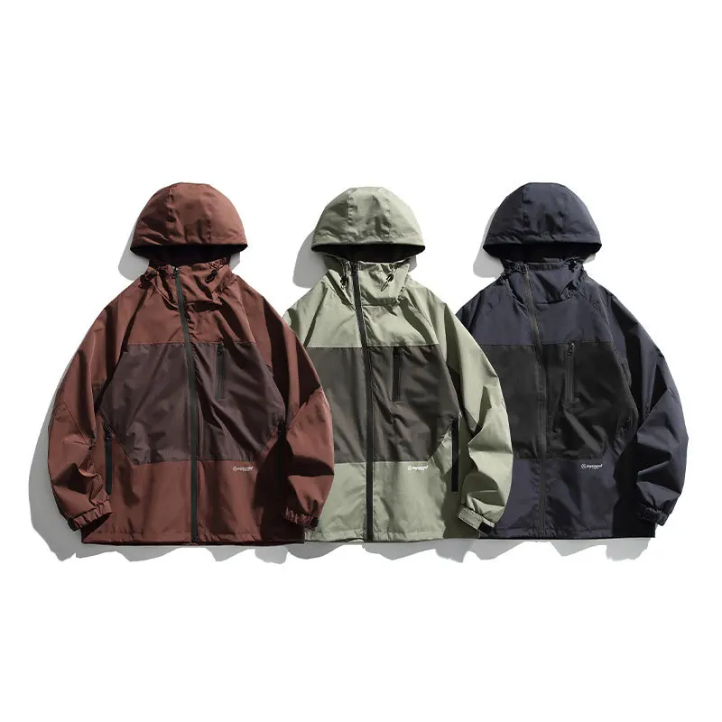 

Spring and Autumn American Jackets for Men Streetwear Trend Contrasting Colors Splicing Hooded Outdoor Work Clothes Breathable