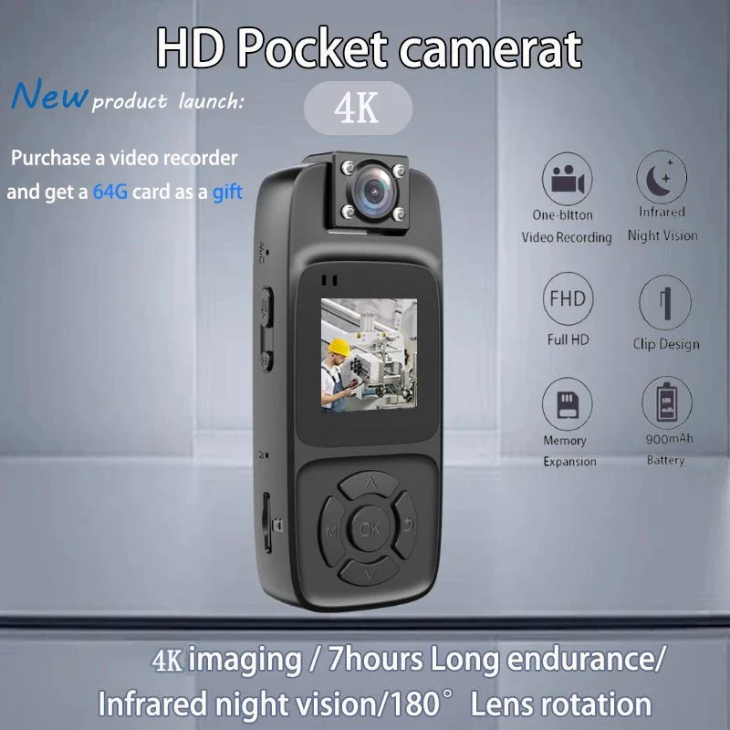 

4K Wearable Camera Audio Video Recording 180° Rotatable Lens Video Camera Camcorder Night Vision with Magnetic Back Clip for Law