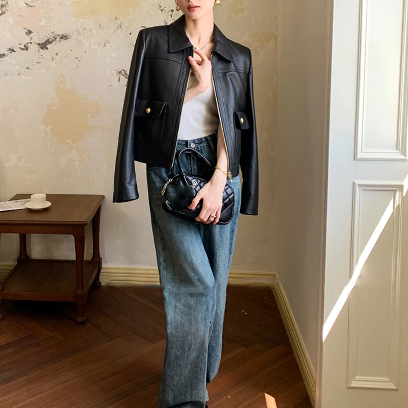 عالية الجودة معاطف السترة الجلدية الحقيقية 2026 جديد إمرأة أسود عادية سستة سترة جلد الغنم موضة قصيرة سترة جلدية فام #6