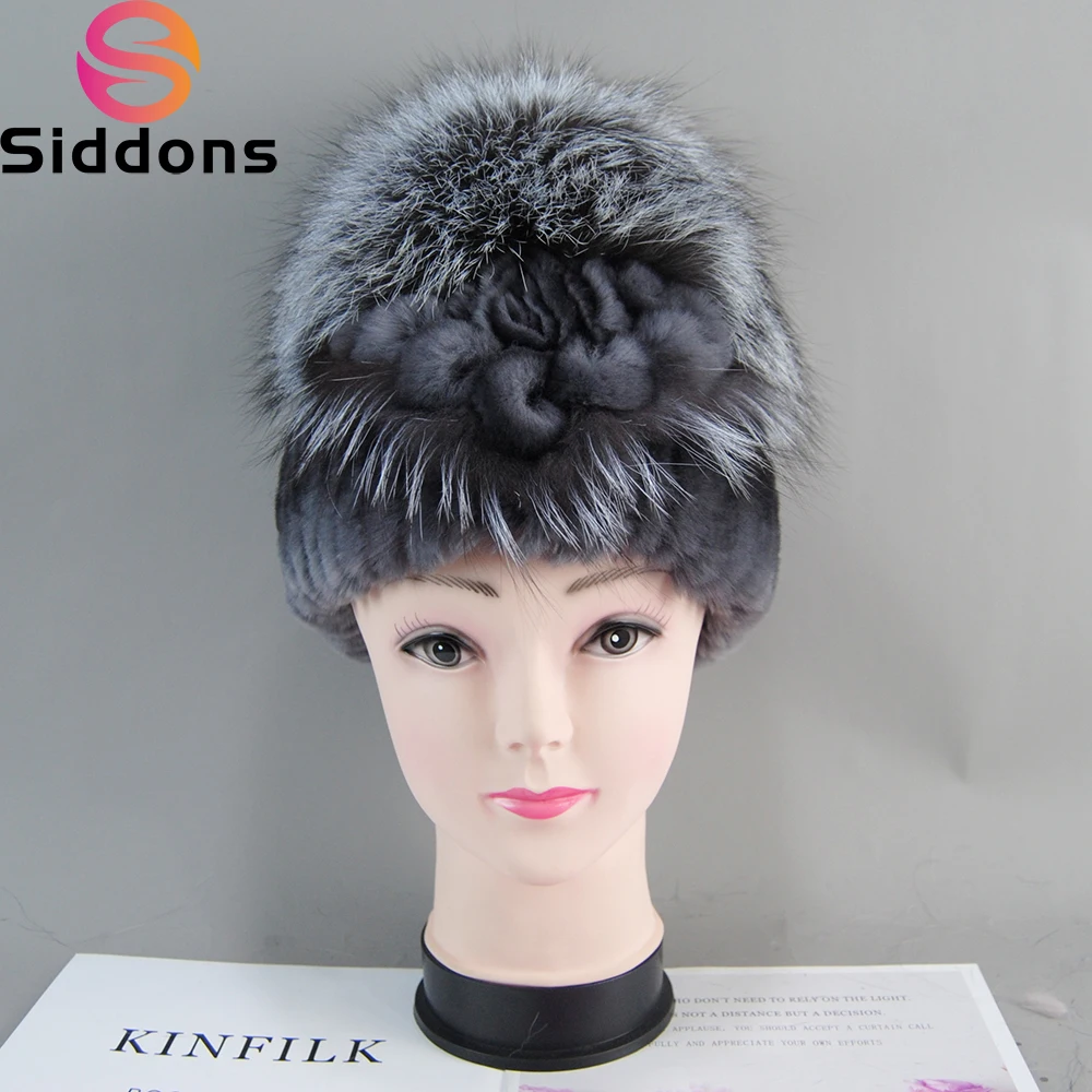 Luxury Women Winter Warm Rex Rabbit Fur Hat Beanies Genuine Rex Rabbit Fur Hats Head Top Flower Real Fox Fur Real Fur Knit Cap