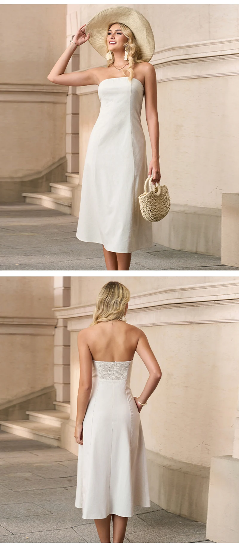 Französisch-Stil frauen Baumwolle-Leinen Trägerlosen Kleid Chic Neue Einfarbig Off-Schulter Backless Sexy Casual Sommer kleider Vestido – Detail 12