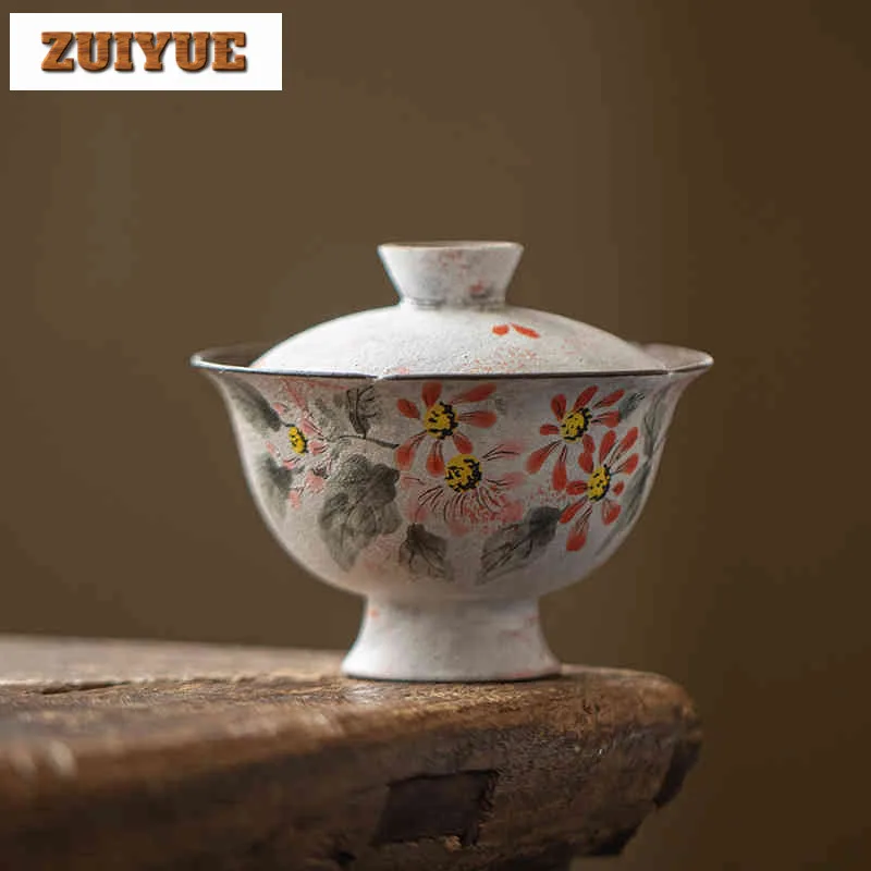 

130 мл порошок Инь, ручная роспись цветов, High Foot Gaiwan, роскошная чайная вареница, чайная чаша с крышкой, комплект чайника, крышка, ча-ча, ремесло