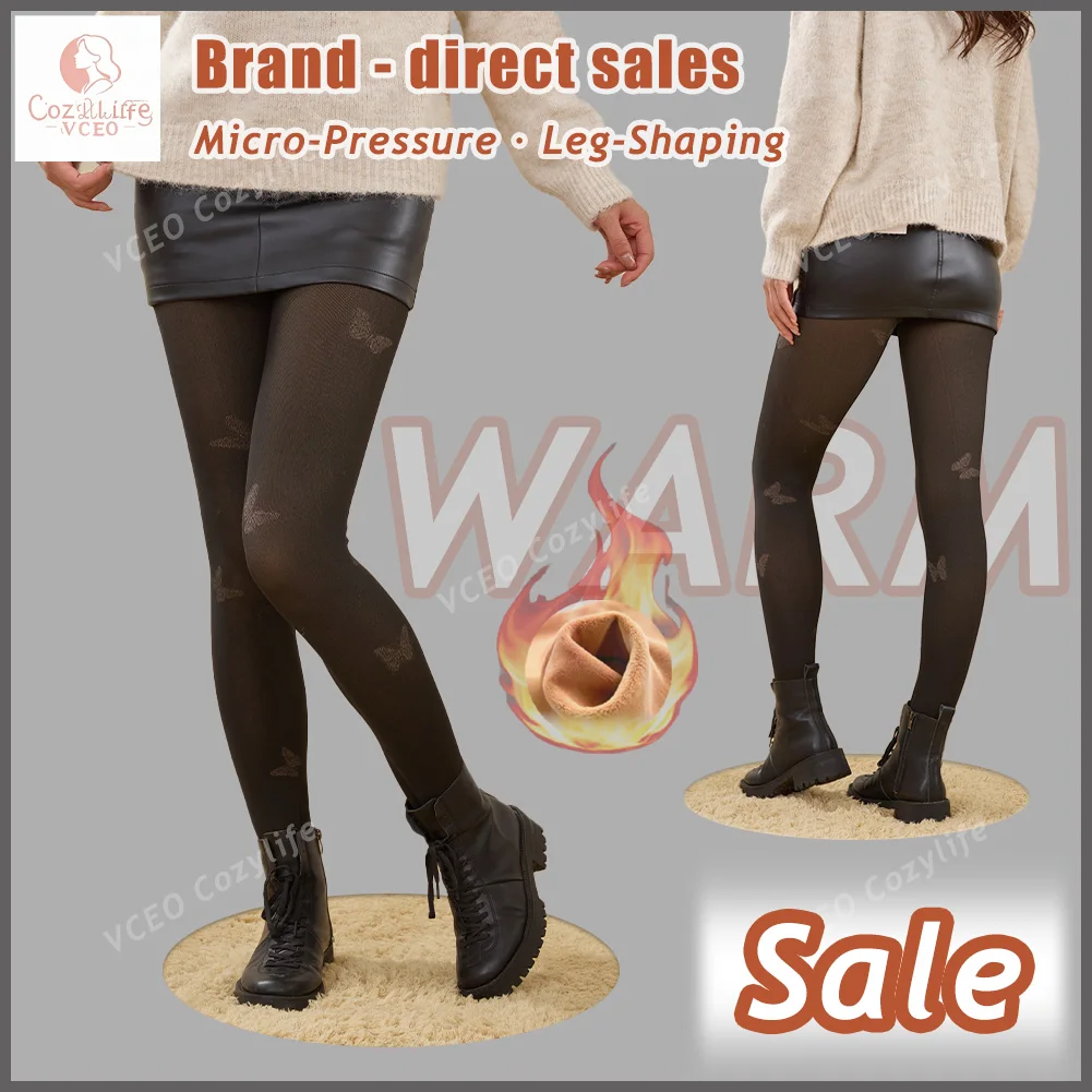 Doorzichtige zwarte panty's Been Afslankend effect Thermisch gevoerde dikke damespanty's Winter Dames Fleece panty's Vlinderpatroon Kous