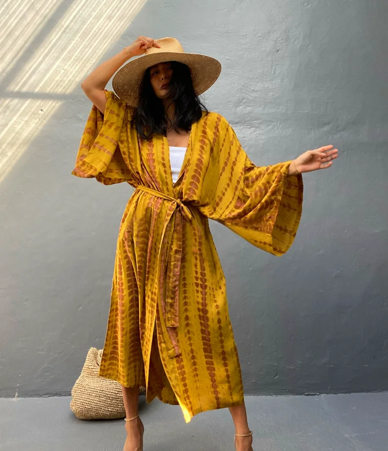 Kimono largo para mujer, teñido anudado elegante con traje de baño, trajes de playa con frente abierto