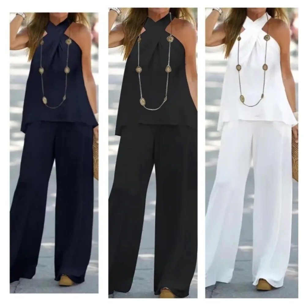 Fashion Casual Halter Neck Solid Color Sleeveless Sets For Women 2 Pieces Elegant Suit Wide Leg Pants Trousers Two Piece Set