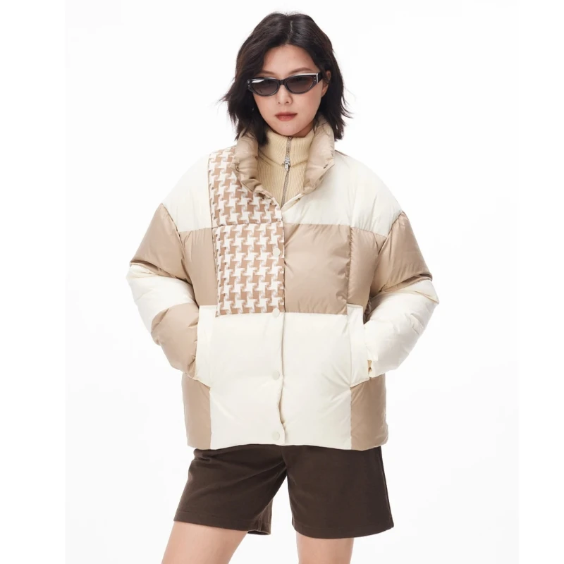 Women's Winter Jacket Short Down Coats Color Clash Patchwork Plaid Trend Outerwears Stand-up Collar Thick Warm Snow Down Jackets