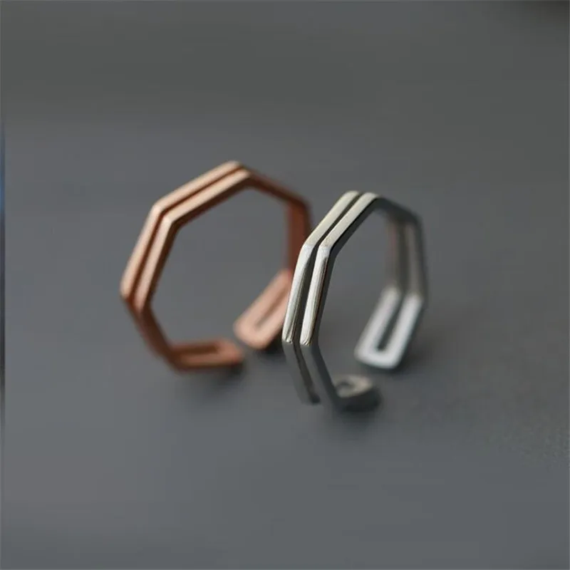 

New Simple 925 Sterling Silver Jewelry Exquisite Geometric Hollow Double Fashion Opening Rings R025