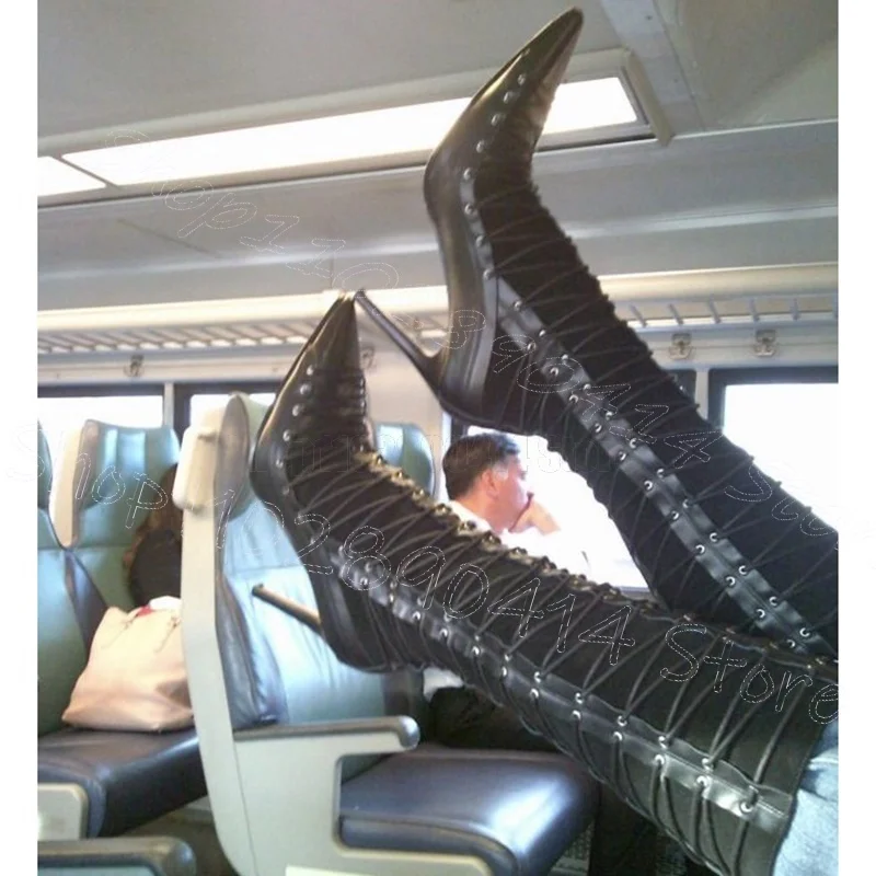 

Black Cross Tied Pointed Toe Patchwork Boots Side Zipper Women Shoes Thin High Heels Party Feast Dating 2026 Zapatos Para Mujere