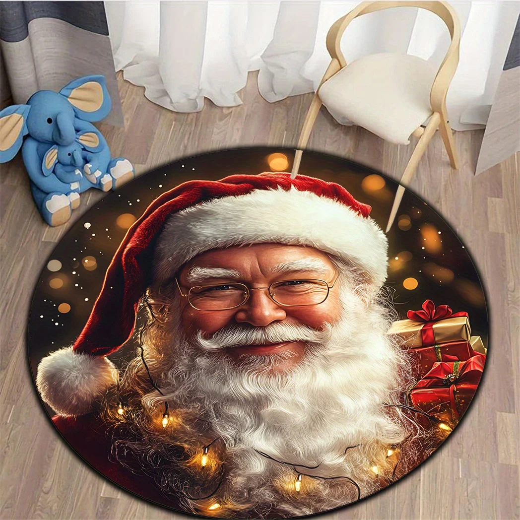 

1 piece Santa Claus pattern round rug, non-slip washable rug for bathroom/kitchen/living room/bedroom/yard