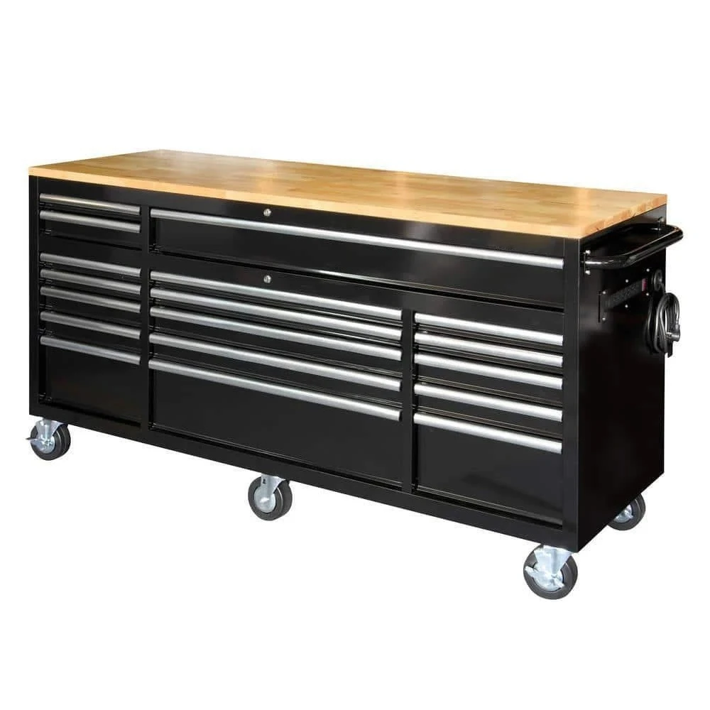 Mobile Workbench Tool Chest Gloss Black Wood Top 72x24 Inch 18 Drawer Cabinet For Workshop Hair Salon Tool Organizer