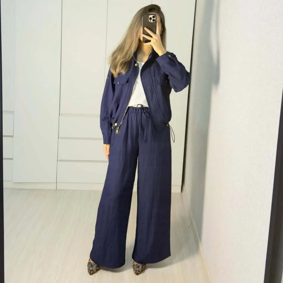 

2026 Autumn New Sports Waist Cinching Fashion Long Sleeve Workwear Style Straight Leg Pants Set Casual Daily Wear