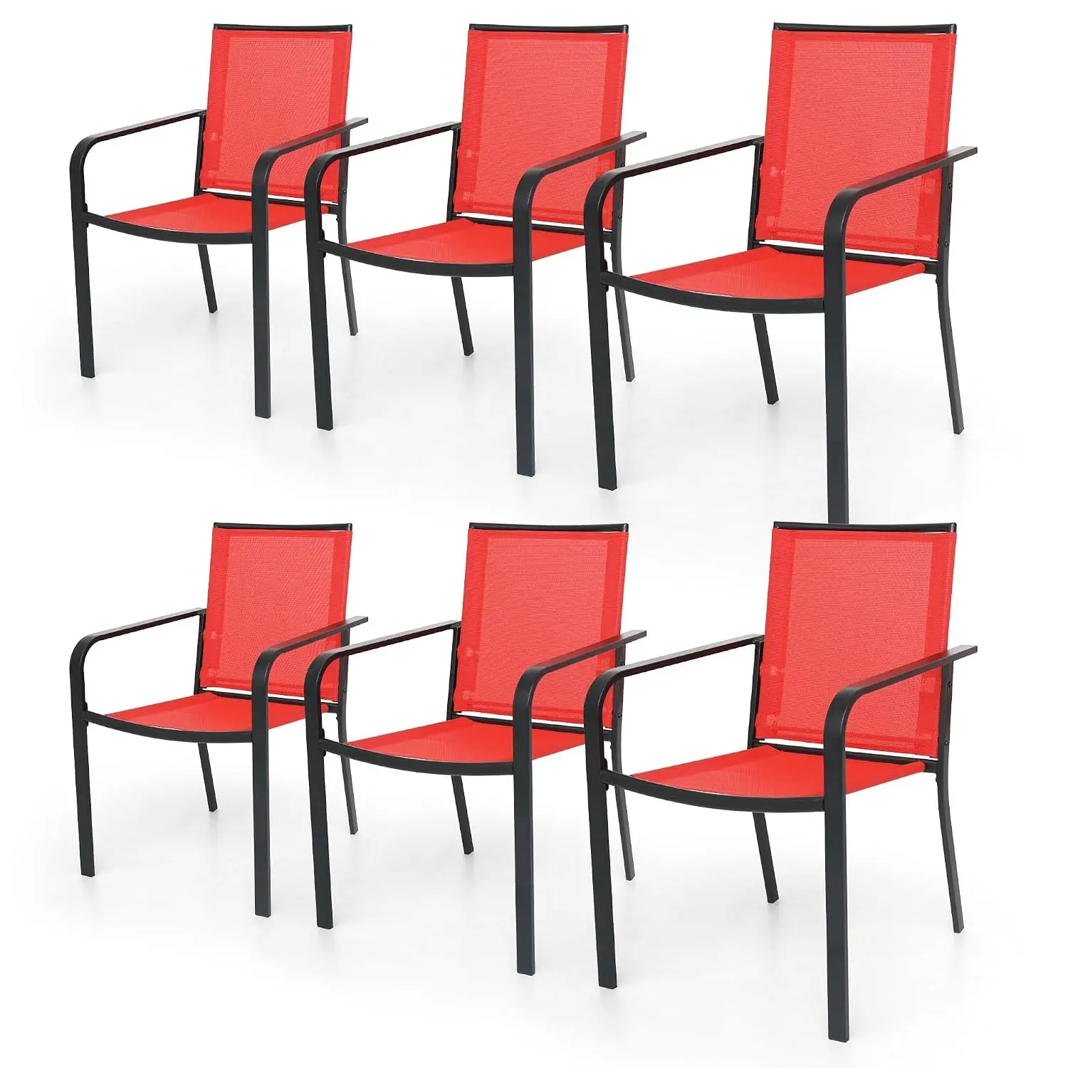 Stackable Outdoor Dining Chairs Set of 6, Textilene Fabric, Red