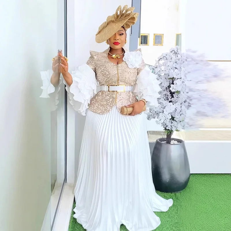 Afrikanische Damenbekleidung, plissiertes Spitzendruckkleid, Party, langes Kleid, Hochzeitskleid, zweiteiliges Set