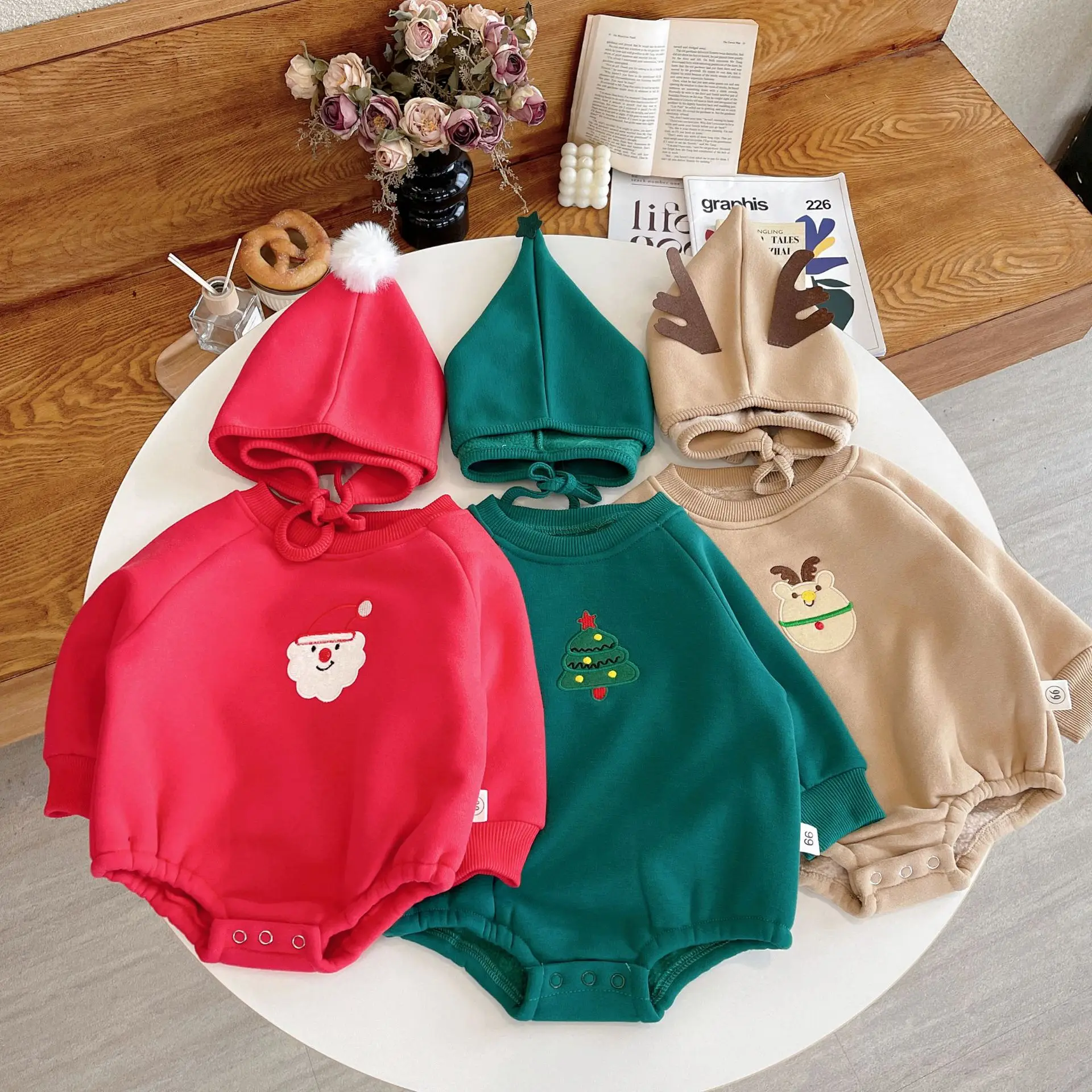Christmas Rompers Autumn and Winter New Long Sleeve Cute Fashion All-match Casual Christmas Rompers Hat Set