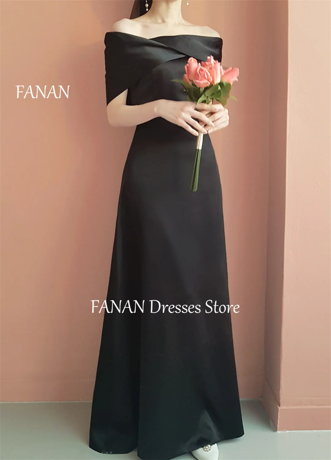 FANAN Off Shoulder Satin Short Sleeves Evening Party Dresses Customized Korea Black Wedding Women Formal Gowns Event Prom Gowns