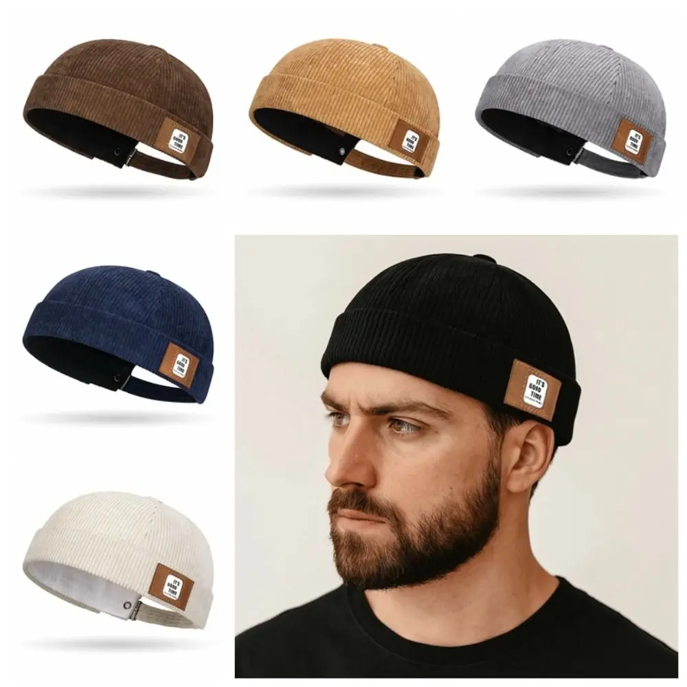 Landlord Hat Solid Color Vintage Docker Cap Round Comfortable Corduroy Brimless Hat Soft Adjustable Dome Melon Cap Boys