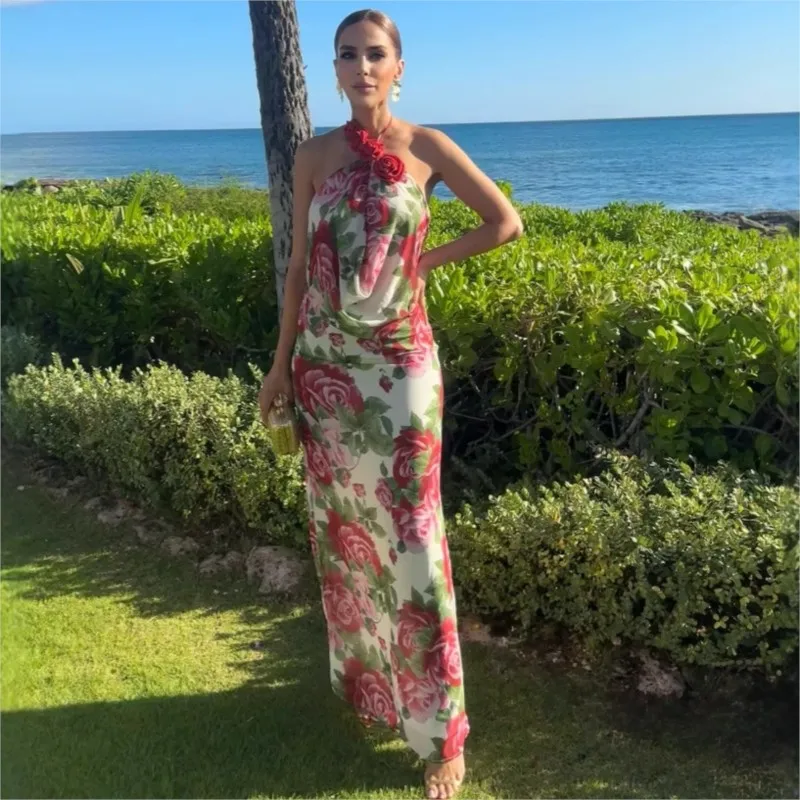 

Sexy Printed 3D Flower Halter Long Dress Women 2025 Chic Backless Lace Up Slim Evening Dresses Female Fashion Party Holiday Robe