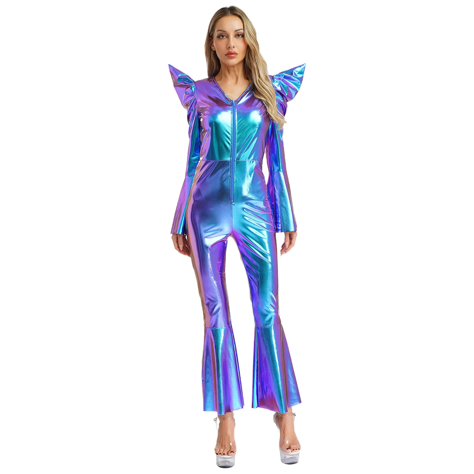 أزياء النساء الرجعية كلوبوير مهرجان الهالوين أزياء عتيقة 70s ديسكو الزي لامعة معدنية بذلة فام حفلة تنكرية الهبي رومبير