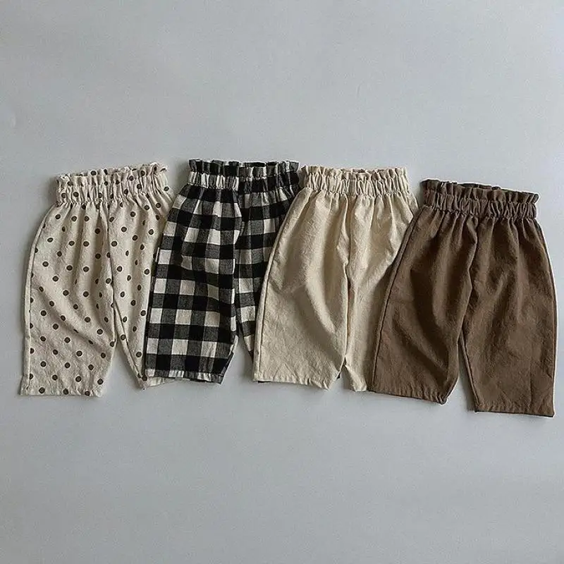 Children Vintage Plaid Trousers Boys Kids Loose Wide Leg Pants Spring& Summer Dot Cotton Versatile Cotton High Waist Pants