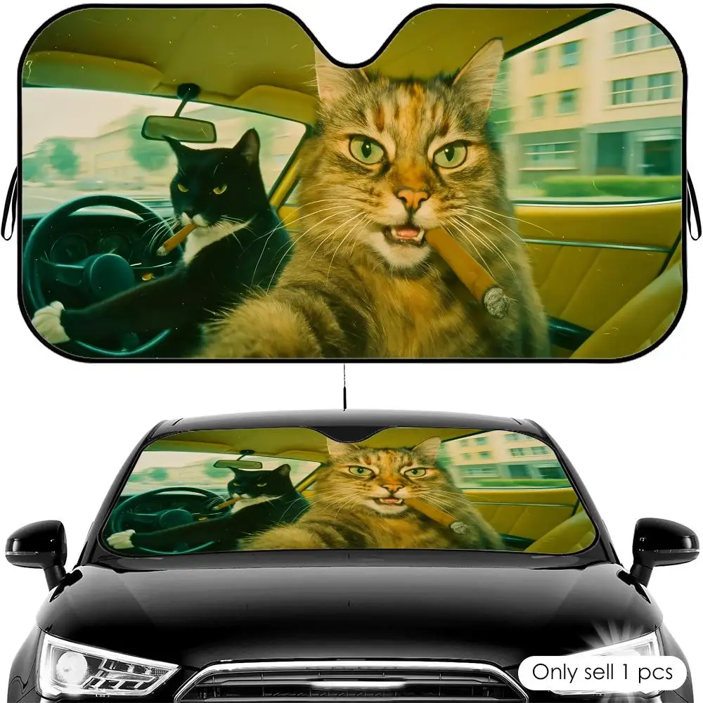 

Funny Cats Driving Sun Visor Reusable Aluminum Foil Car Windshield Sun Visor UV Protector Heat Insulation Cover Shade