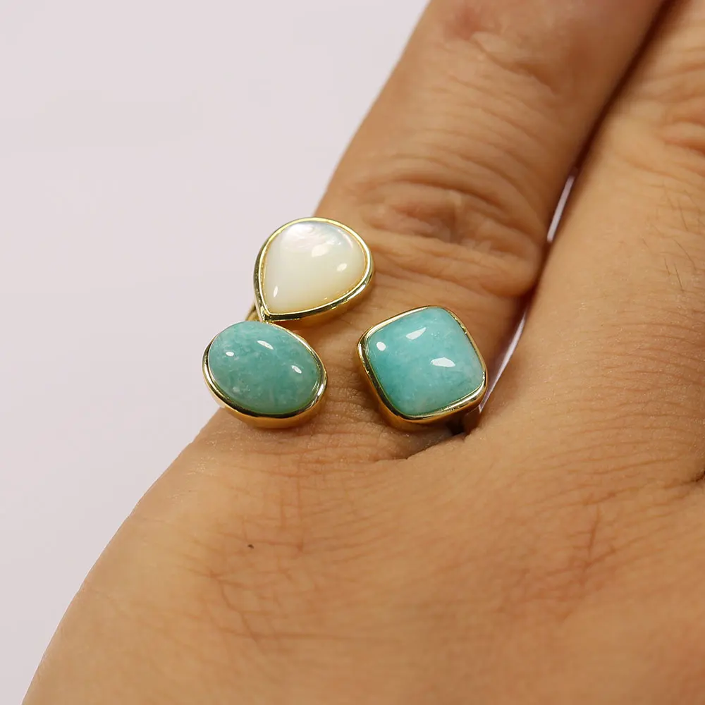G-G Real Gems Blue Peruvian Amazonite Teardrop White Shell Pearl Ring Electroplated Rings Adjustable Simple Rings image 4