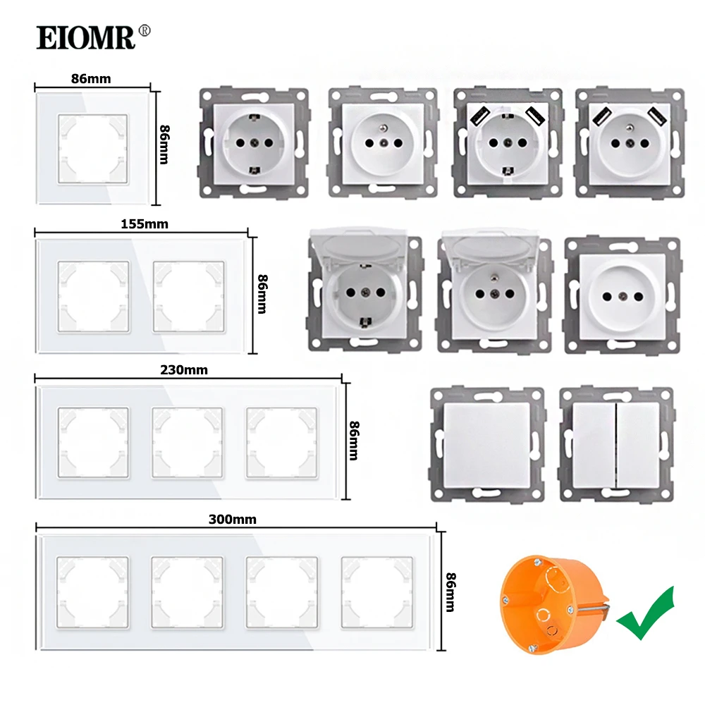 EIOMR EU Standard Wall Power Sockets White Crystal Glass Panel 16A Usb TV RJ45 Wall Switch Usb Outlets Module DIY for Round Box