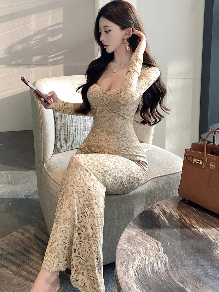 الخريف الشتاء الصلبة الدانتيل الجاكار ساحة طوق فستان طويل المرأة أنيقة القوس ضمادة فستان 2025 الكورية خمر فستان حفلة موسيقية فاخرة #6