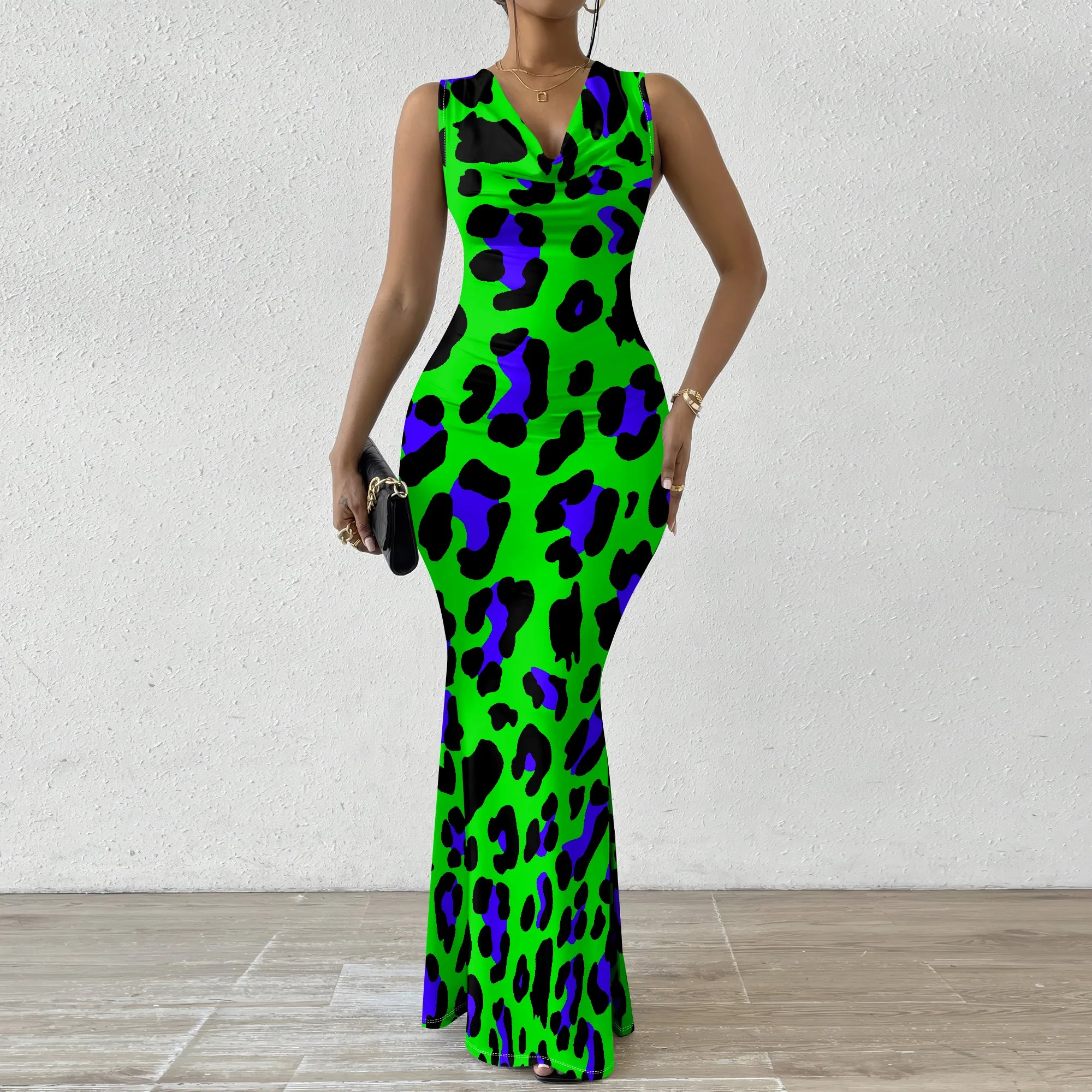 

Women's Neon Green Leopard Print Mermaid Dress Sexy Sleeveless Cowl Neck Party Club Gown XS-2XL