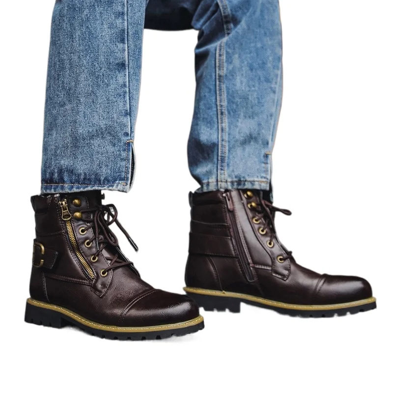 Quality Men Leather Boots Metal Double Zipper Motorcycle Boots Oxford Business Men Ankle Boots Autumn Winter Shoes Large Size 48