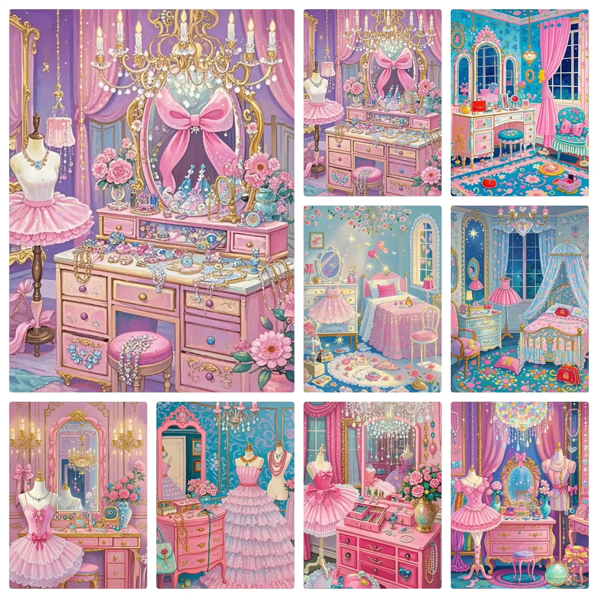 DIY Pink Princess Dressing Room Diamond Painting, Cute Maiden Vanity Bow Floral For Living Room Wall Decoration Handmade Gift