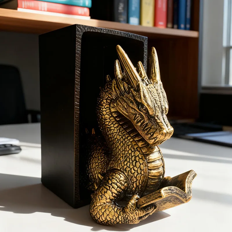 Antique Gold Dragon Bookends Heavy, Duty Resin Book Holder Statue, Fantasy Creature Sculpture Desk Office, Shelf Decor Home Gift