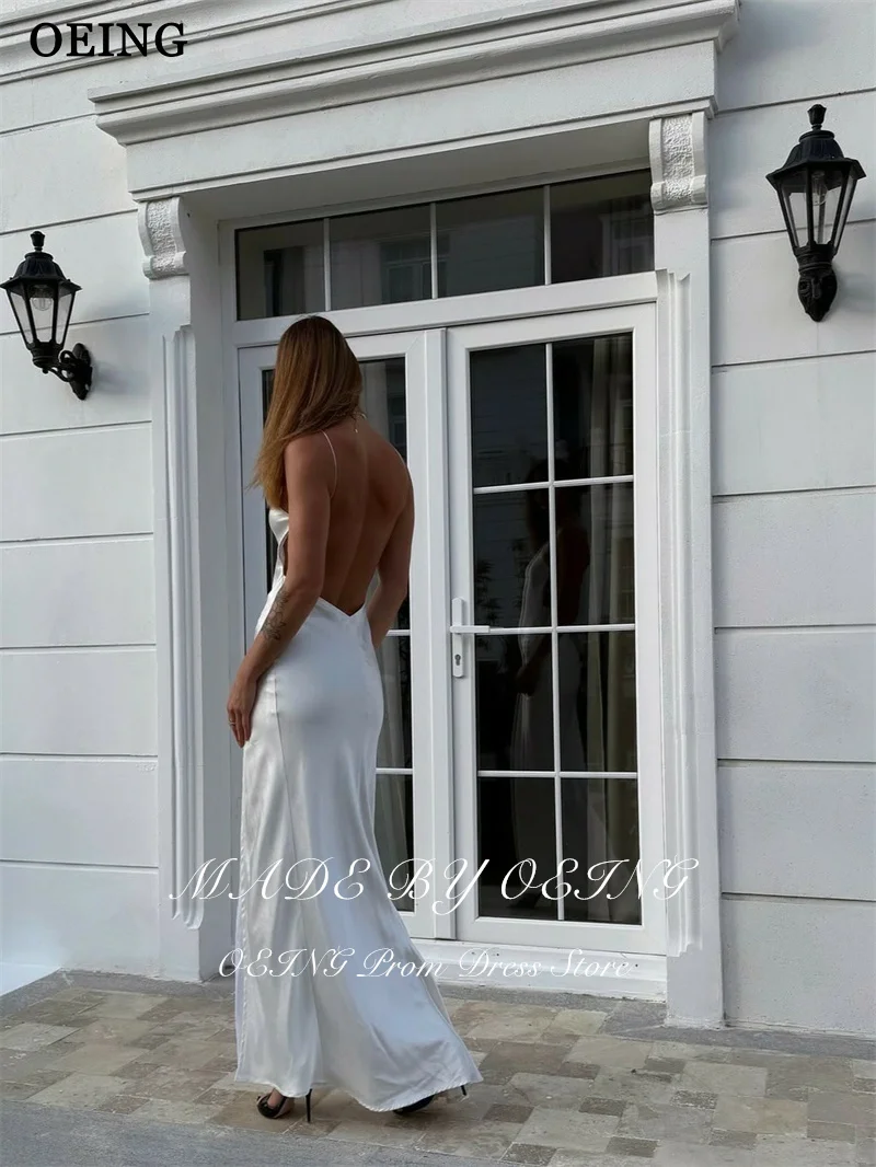 Oeing simples sereia vestidos de baile com decote em v sem mangas cetim sem costas fenda lateral vestidos de festa até o chão vestido de noite personalizado