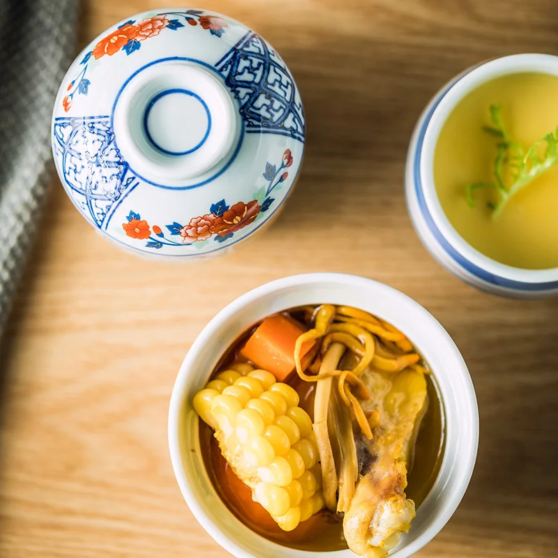 Hand-painted stew pot Japanese ceramic with cover bowl bird\'s nest dessert stew pot Hotel commercial small stew soup soup pot