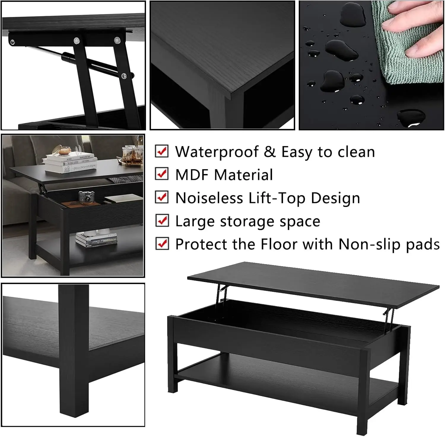 Coffee Table with Hidden Compartment and Open Shelf, Lift Tabletop Pop-Up Tea Table for Living Room, 45.28" L, Black
