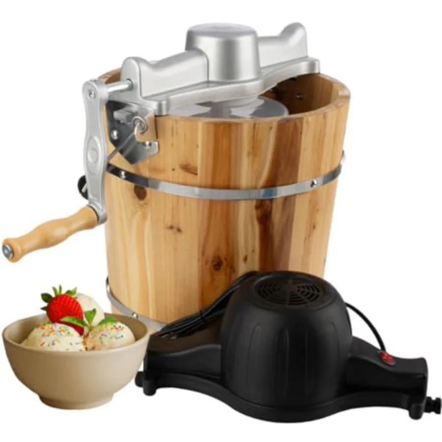 

Electric Ice Cream Maker Machine 4 Quart Old Fashioned with Hand Crank and Electric Paddle Pine Wood Bucket for Frozen Yogurt G