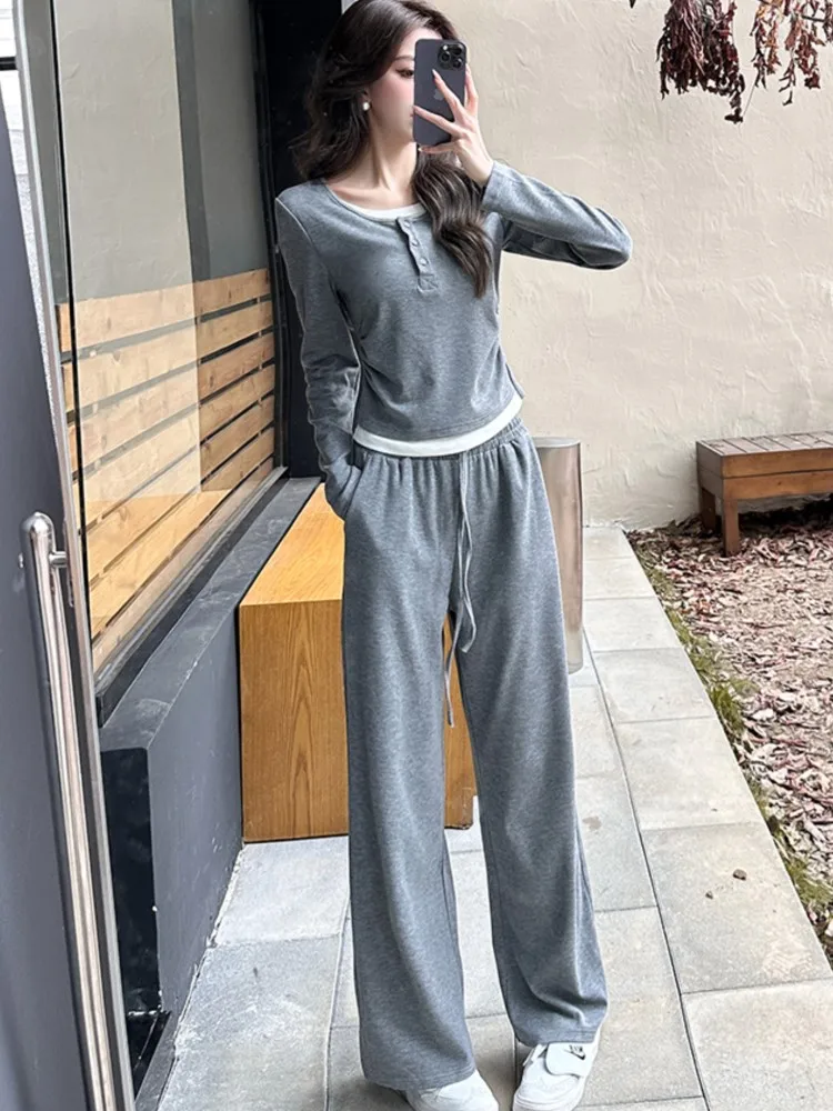 Y2K High Street Two Piece Set Tracksuit Women Long Sleeve Top Drawstring Wide Leg Pants Korean Fashion Solid Slim Casual Outfits