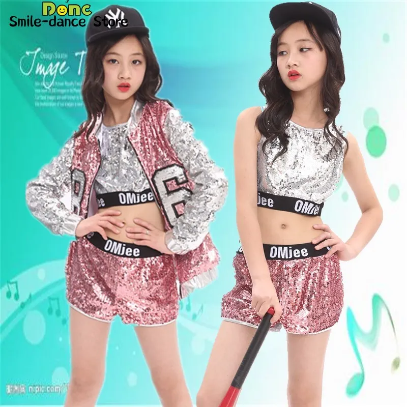 Sequins Shining Street Dance Jacket Children's Costume Jazz Dance Costume Pink Children's Day Stage Performance Costume Girl