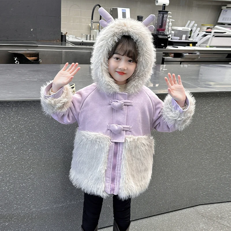 

2024 Winter Children's Imitation Fur Coat New Warm Clothes for Girls Plush and Cute Christmas Antlers Long Sleeve Jacket