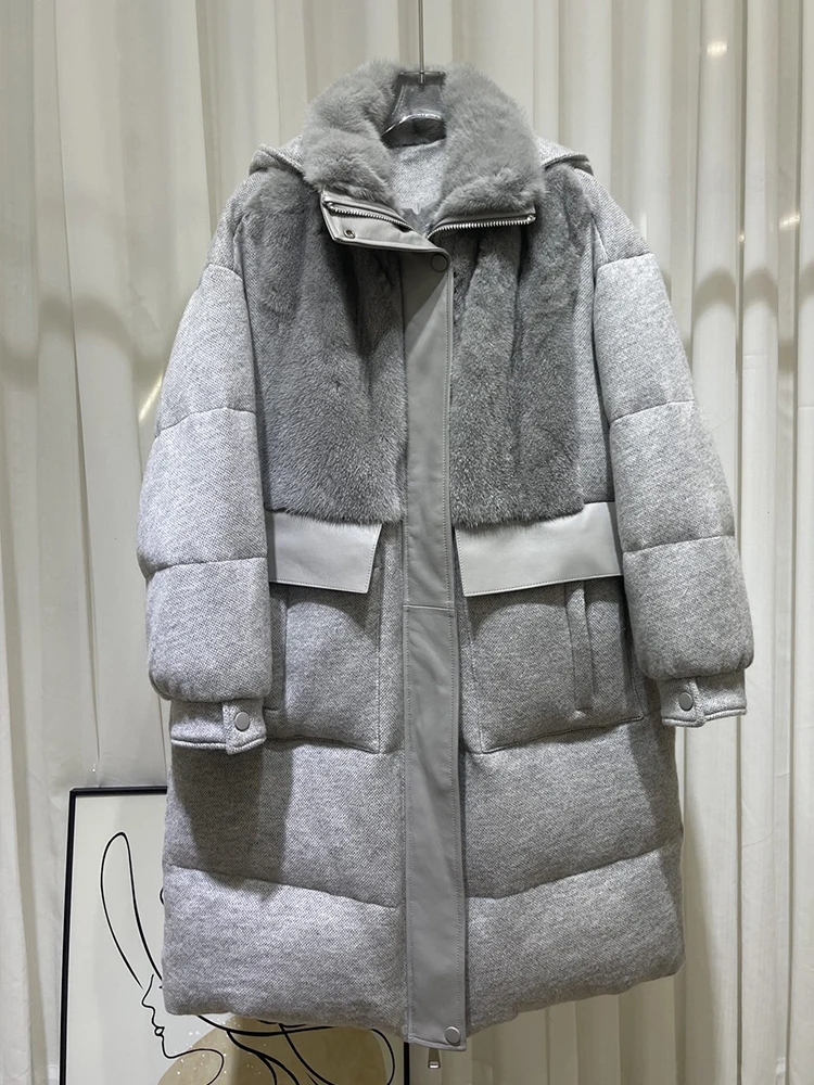 2024 Fashion Women Winter Cashmere Goose Down Jacket Natural Real Mink Fur Collar Long Thick Female Outwear Coat Puffer Jackets