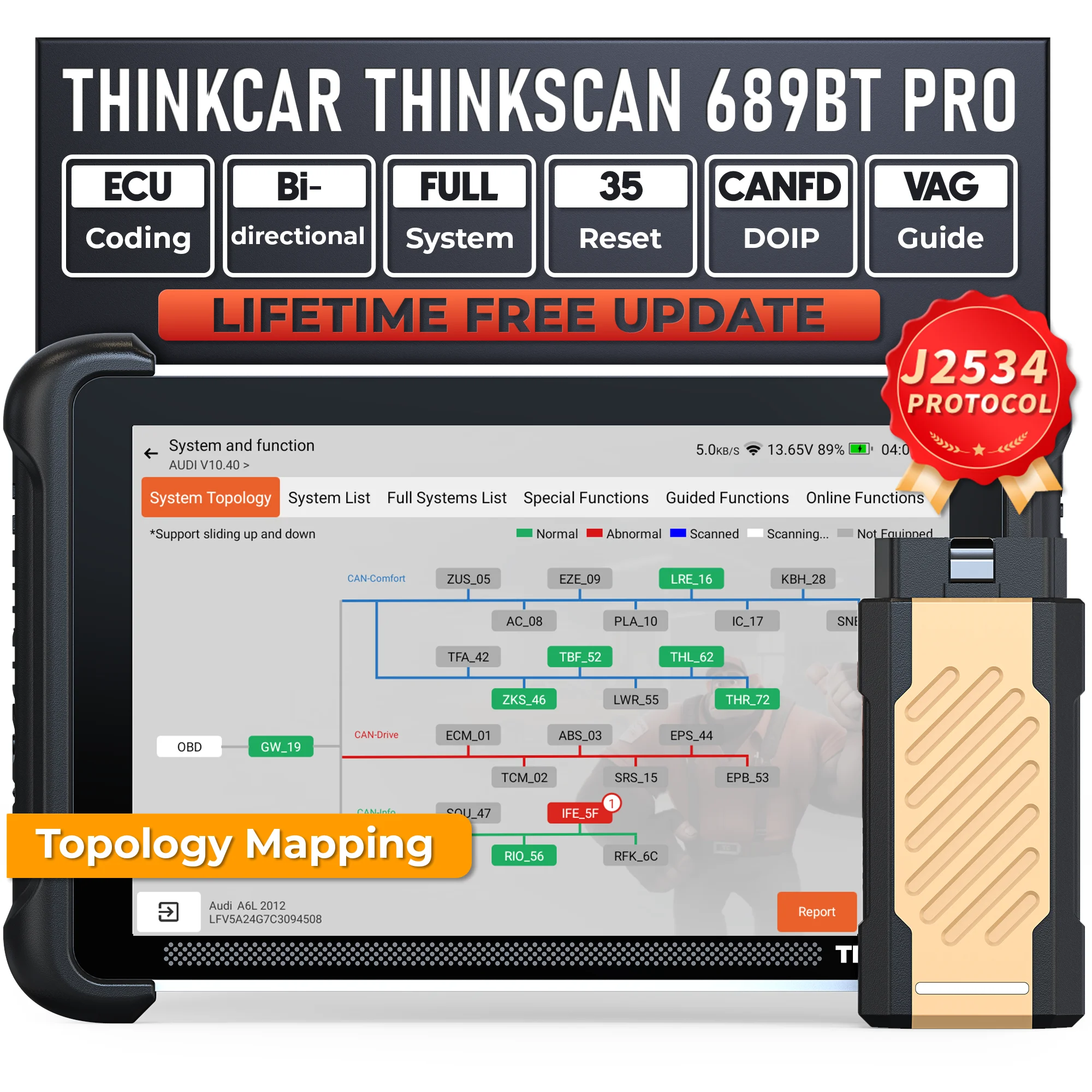 THINKCAR THINKSCAN 689BT PRO Skaner OBD2 Topologia Diagnostyka Wszystkich Systemów 35 Funkcji Resetowania ECU…