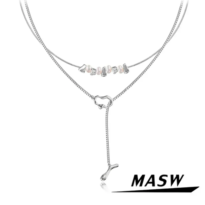 MASW Original Design Silver Color Two Layer Freshwater Pearl Pendant Necklace For Womne Girl Gift Daily Wearing Modern Jewelry