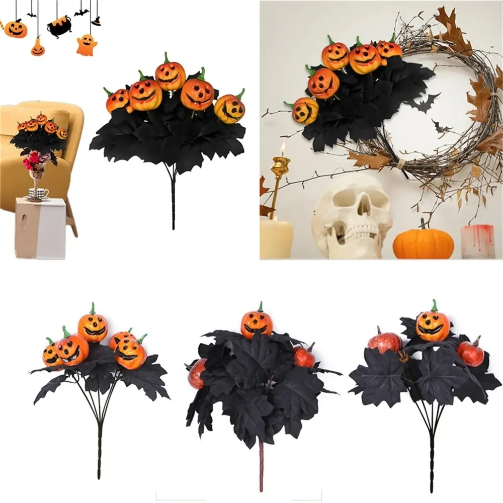 Halloween Simulation Pumpkin Bouquet Black Leaf Silk Fake Maple Leaf Pumpkin Bouquet Table Vase Decoration Home Decoration